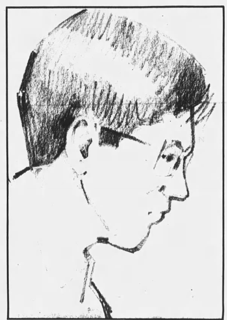 An sketch of a young man with dark hair and glasses, shot in profile. The illustration is of Cayce Moore, 19, at his capital murder trial for the murder of Missy Macon.