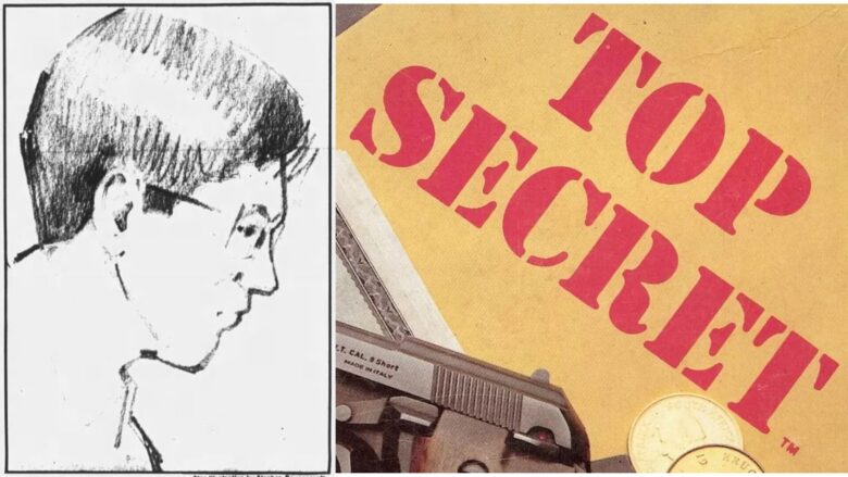 On the left side of the image is an artist's sketch of convicted killer Cayce Moore, sketched during his trial. On the right is the logo for Top Secret, an espionage TTRPG by TSR. Cayce Moore was convicted of the murder of Missy Macon.
