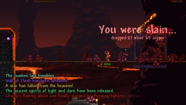 A screenshot from Terraria, showing a series of new world changes after slaying a boss.