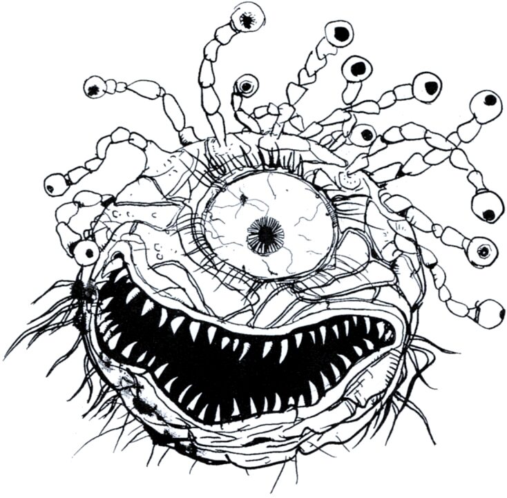 Concept art for the Eye monster from the JRPG Final Fantasy by Yoshitaka Amano. It looks exactly like a beholder from Dungeons and Dragons, with a large central eye, a wide fanged mouth, and multiple eyestalks.